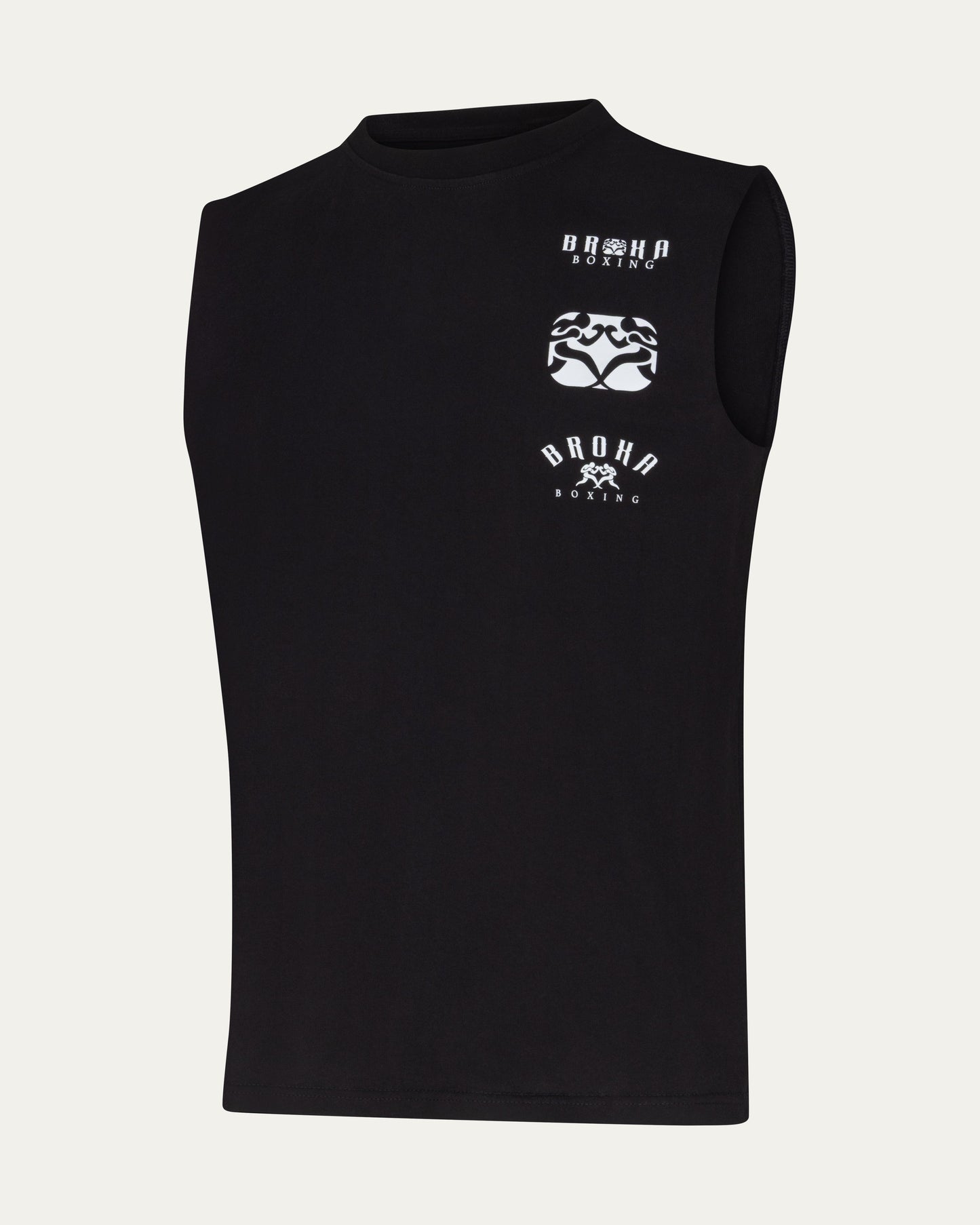 Black sleeveless shirt with white branding on a light gray background