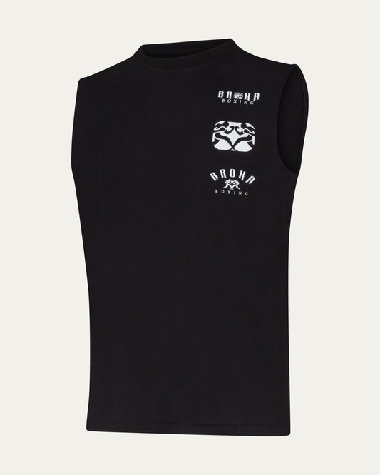 Black sleeveless shirt with white branding on a light gray background